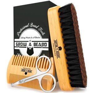 Beard Brush For Men & Beard Comb Set w/Mustache Scissors Grooming Kit